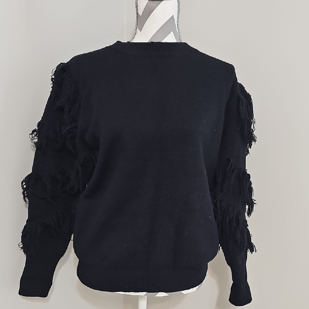 Vine & Love Black Sweater with Fringe Sleeves
